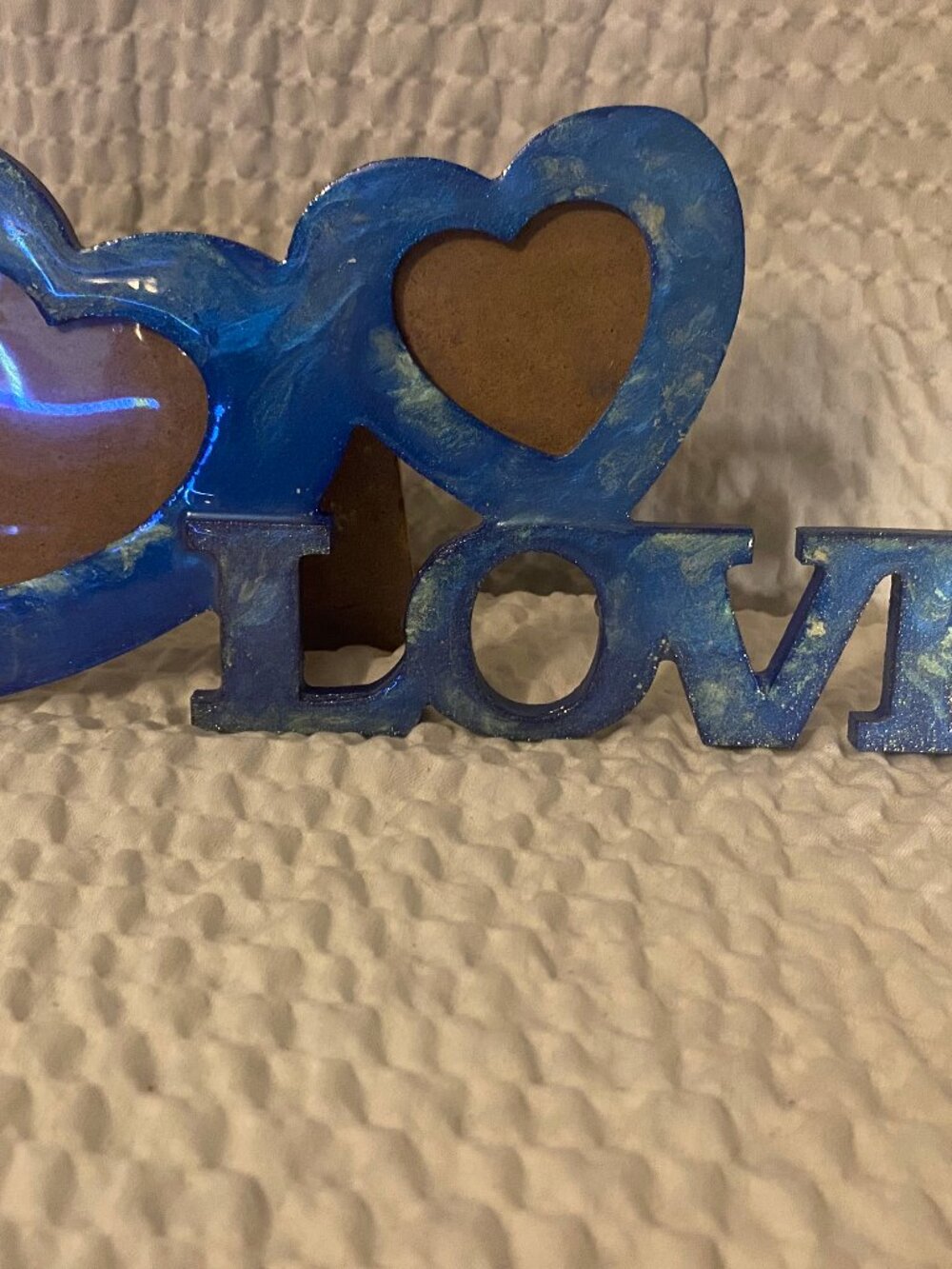 NEW Handmade Wood & Resin Blue Double Heart Love Picture Frame